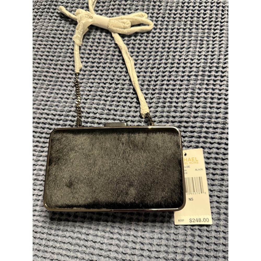 Michael Kors Elsie Black Haircalf Box Clutch Bag 30H4TBXC5H Gunmetal Hardware